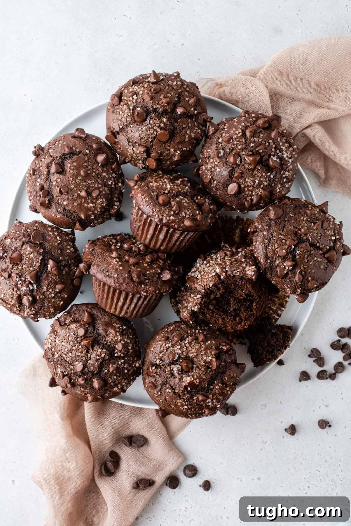 chocolate muffins arranged on white serving tray
