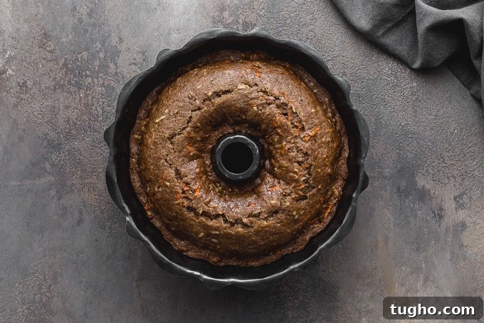 Dairy-Free, Eggless Coconut Carrot Cake Recipe 5 Vegan carrot cake baked up in a bundt pan.