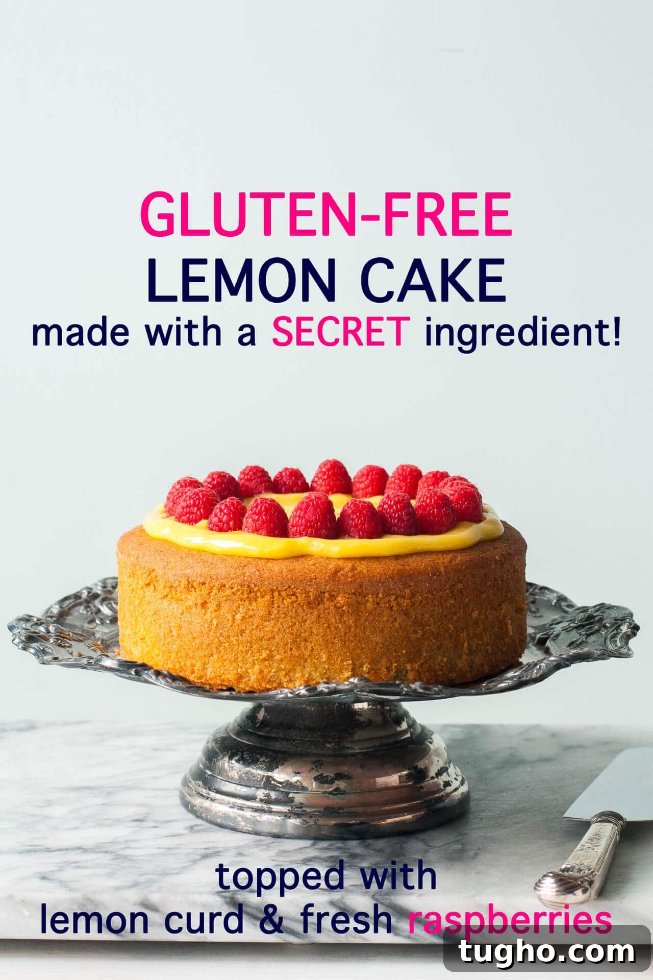 Gluten Free Lemon Raspberry Cake Recipe 3 Single layer gluten-free lemon cake topped with homemade lemon curd and fresh raspberries served on a tarnished antique cake stand