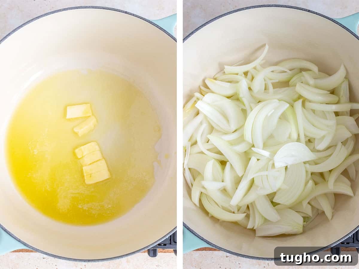 Creamy One-Pot French Onion Pasta 4 Set of two photos showing butter melted in a pot and sliced onions added.