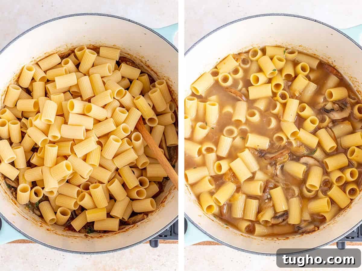 Creamy One-Pot French Onion Pasta 5 Set of two photos showing pasta and broth added to the pot.