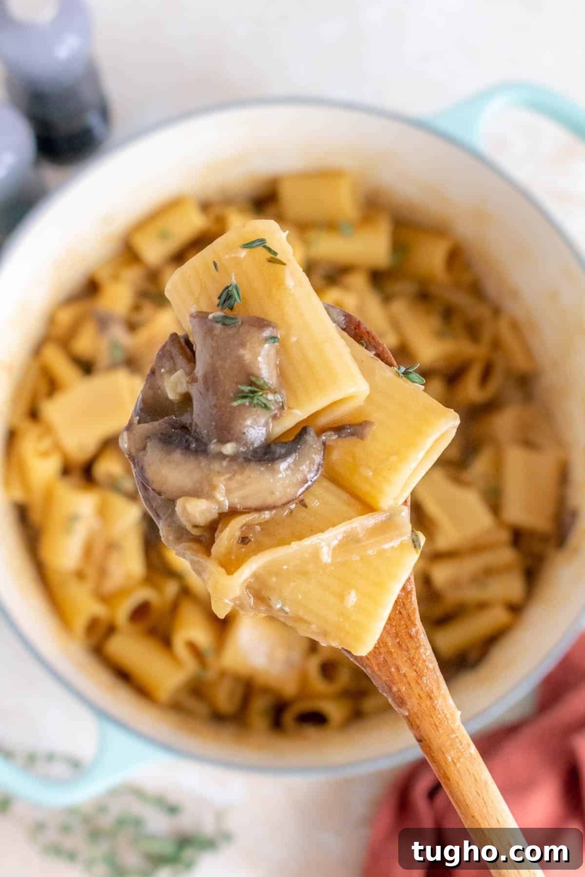 Creamy One-Pot French Onion Pasta 6 A spoonful of one pot french onion pasta lifted from the pot.