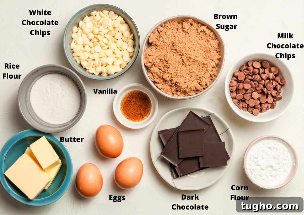Fudgy Gluten-Free Chocolate Brownies 3 ingredients in this recipe on a white background.