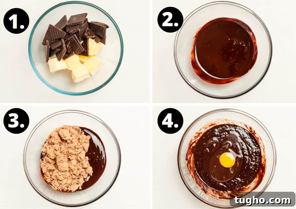 Fudgy Gluten-Free Chocolate Brownies 4 Steps showing melting chocolate and preparing batter.