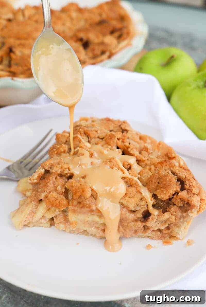 Caramel Dutch Apple Pie Recipe 2 Caramel Dutch Apple Pie pouring caramel sauce