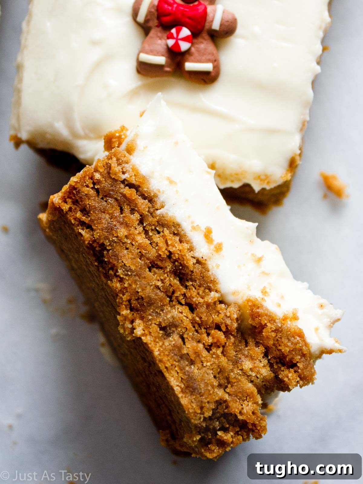Soft, Chewy Gingerbread Bars with Cream Cheese Frosting 5 Close-up of a frosted gingerbread bar.