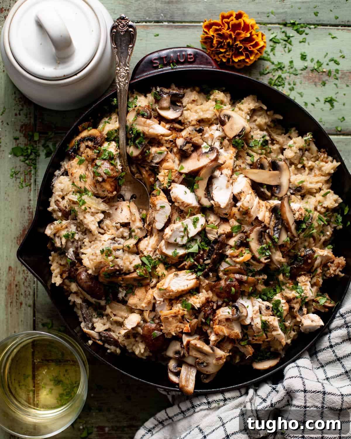 Creamy Chicken and Rice with Mushrooms 2 creamy mushroom chicken and rice in a skillet topped with fresh parsley.