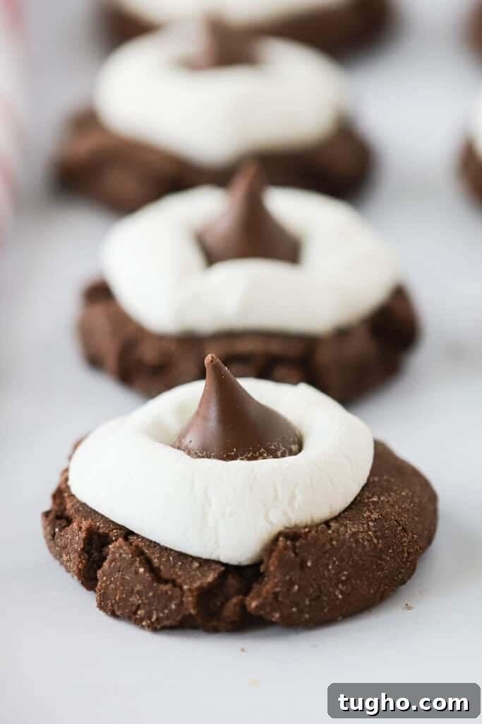 A row of Hot Chocolate Kiss Cookies topped with marshmallows and Hershey's Kisses.