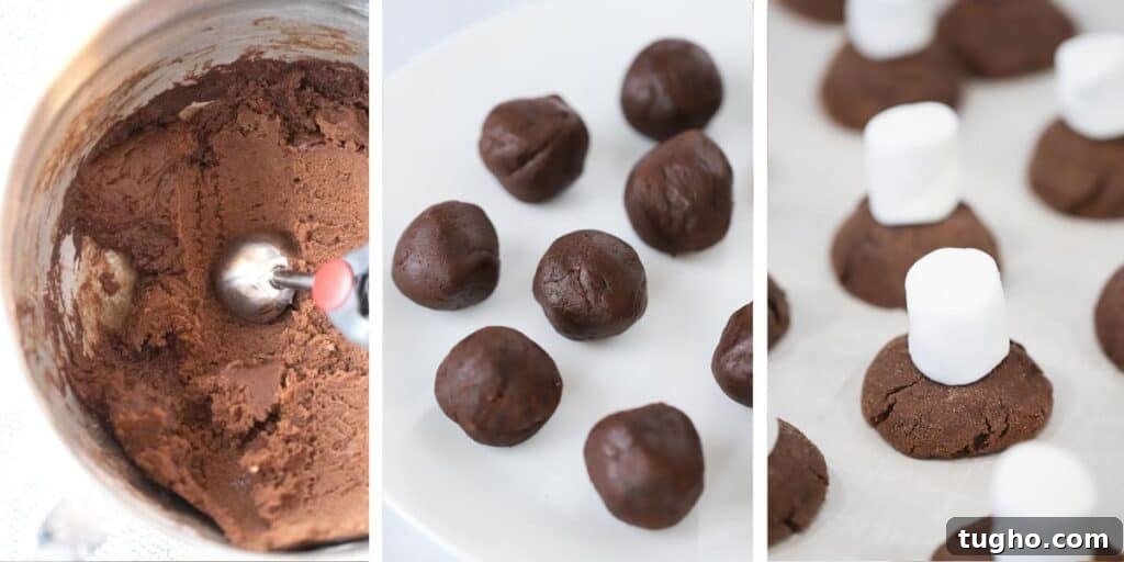 Bowl of chocolate cookie dough and scooped dough balls.