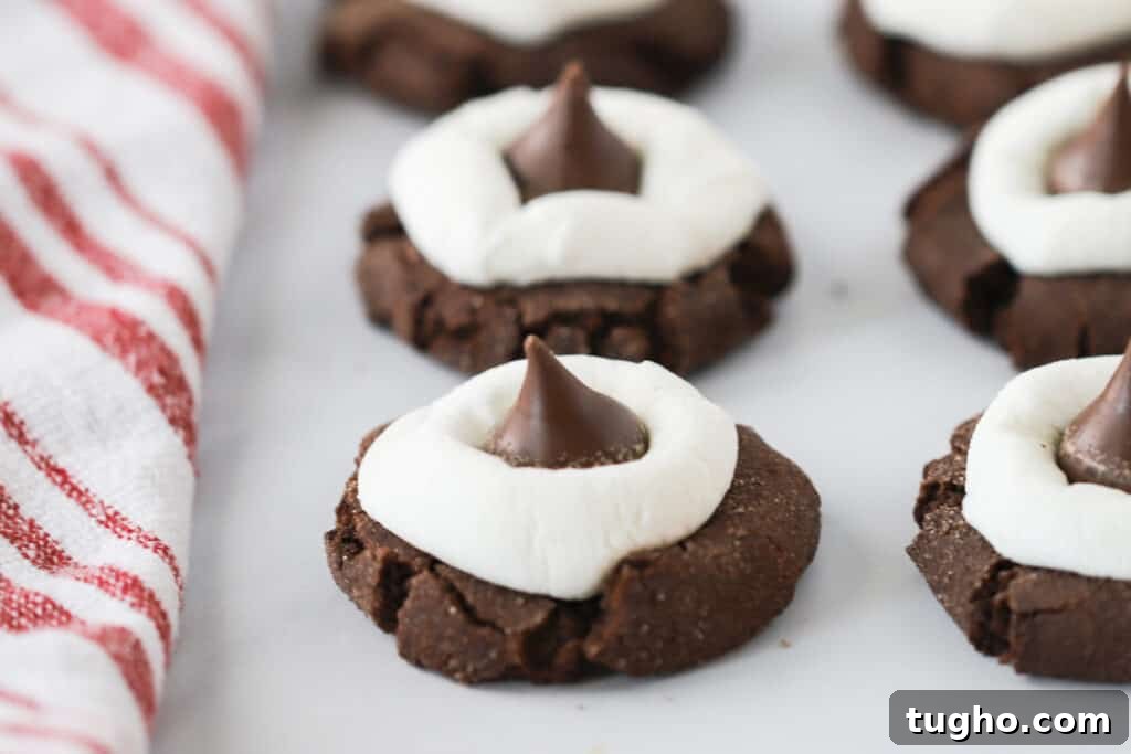 Rows of Hot Cocoa cookies topped with marshmallows and Hershey's Kisses.