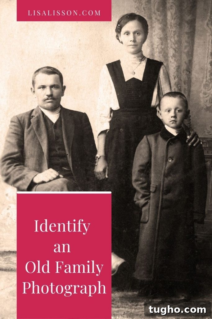 How to Identify and Date Old Family Photos in 5 Steps 4 Black and white photo of family of 3 with small red rectangle with white text reading Identify An Old Family Photograph