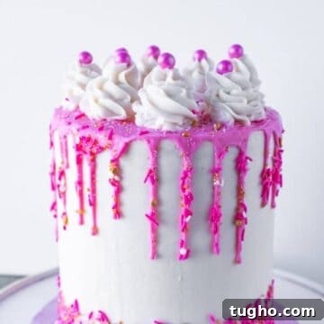 Pink and Gold Cake Designs for Weddings and Birthdays 2 Pink and gold cake, strawberry vanilla swirl with pink drip and sprinkles