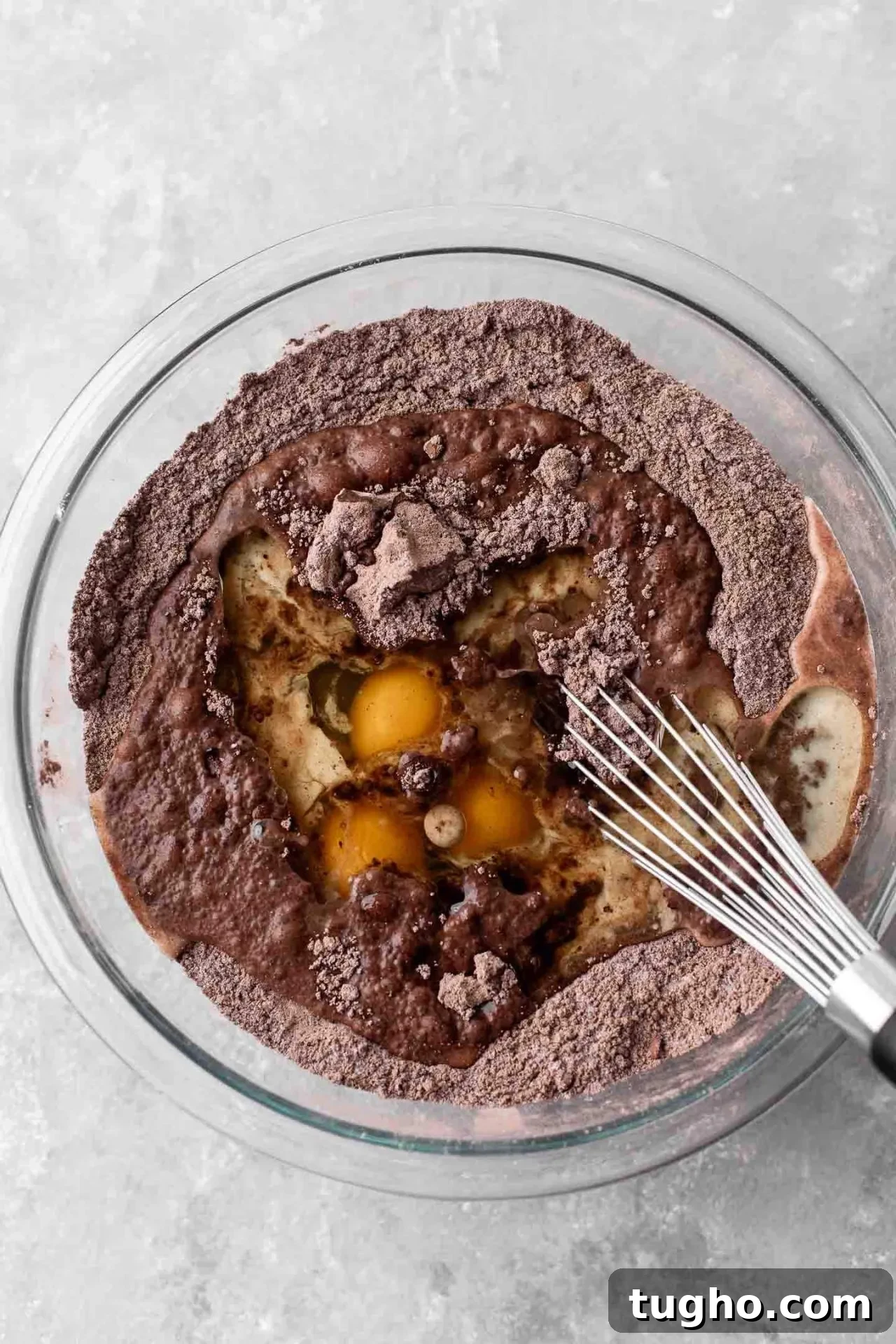 Fudgy Gluten Free Chocolate Cake Recipe 4 gluten free chocolate cake wet ingredients added to dry ingredients in bowl