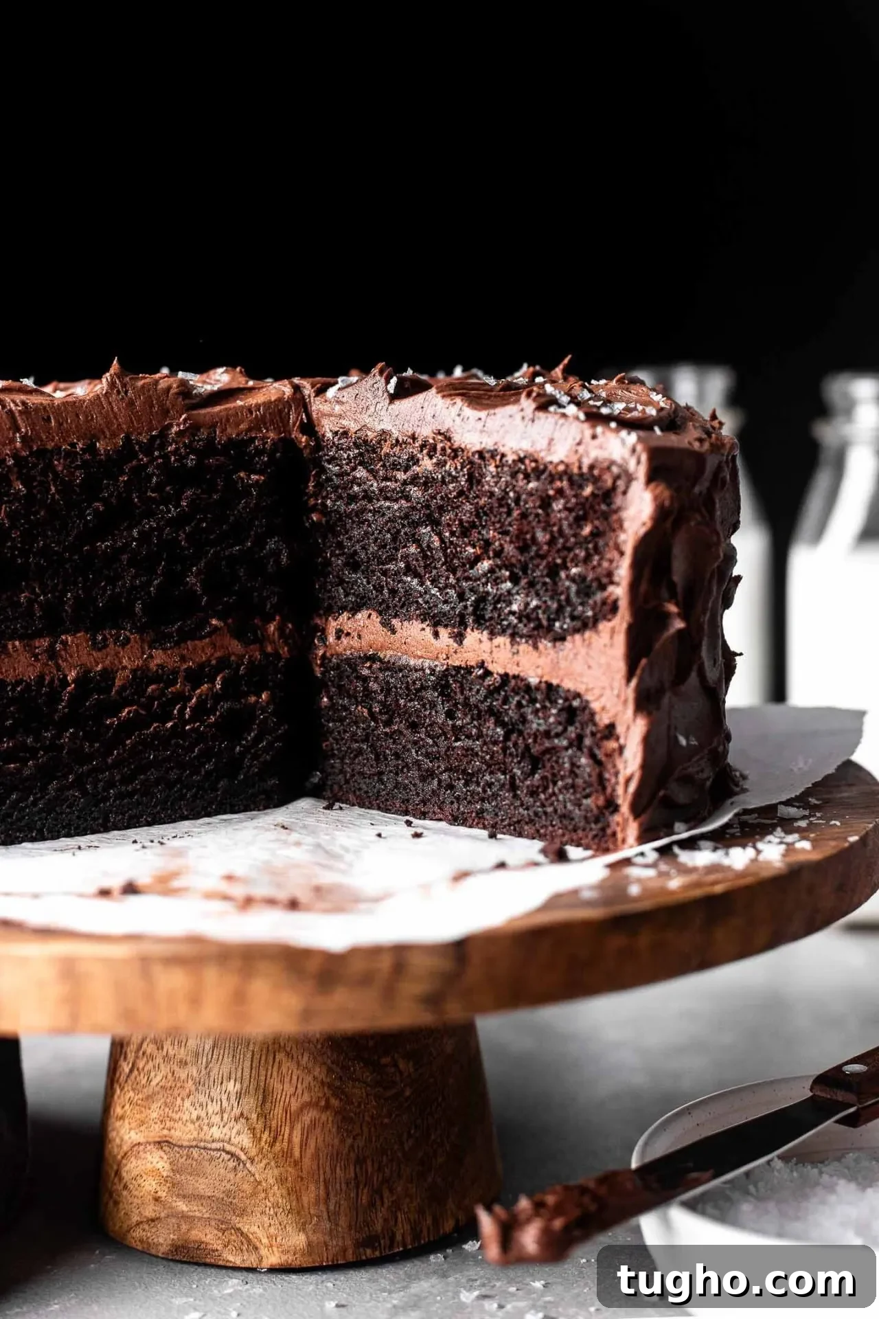Fudgy Gluten Free Chocolate Cake Recipe 9 sliced gluten free chocolate cake on cake stand