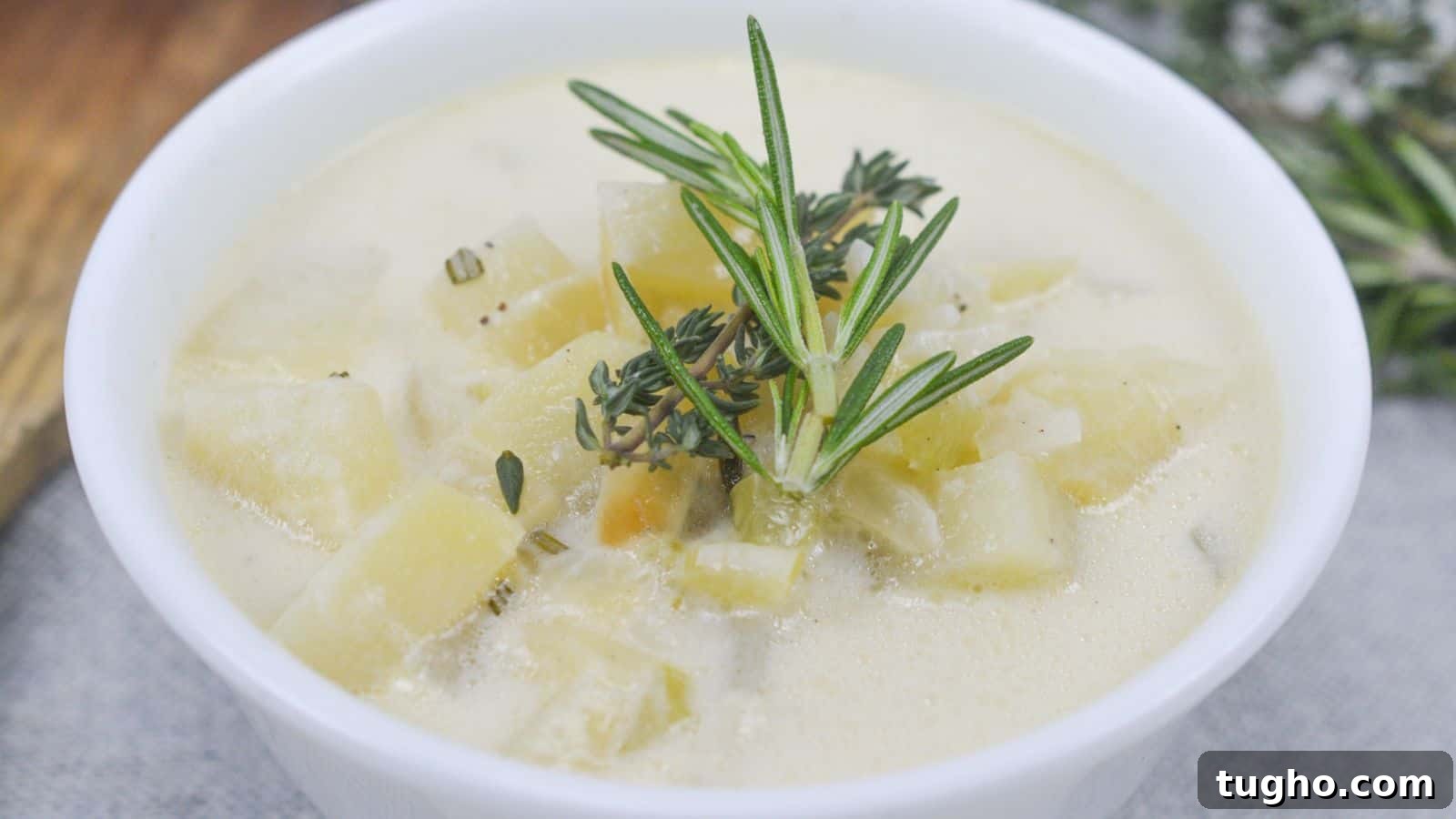 A bowl of creamy potato soup garnished with rosemary and thyme, served on a wooden table.