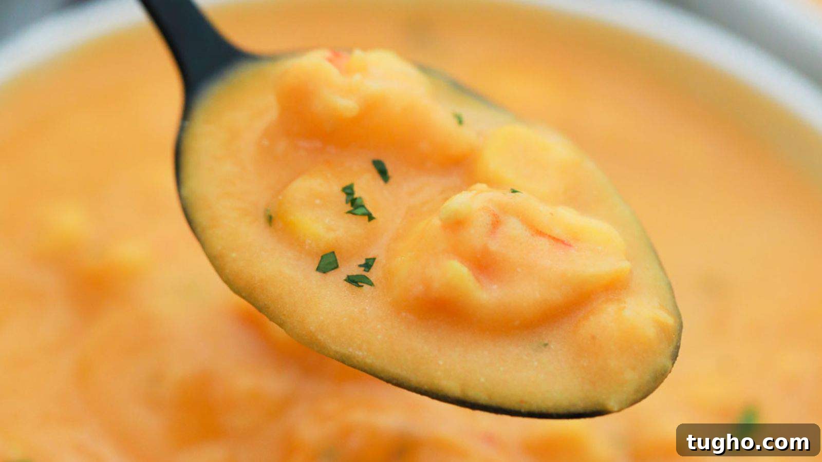 A close-up image of a spoonful of creamy shrimp bisque garnished with herbs, hovering above the rest of the soup in a bowl.