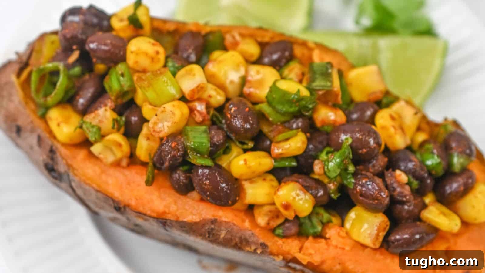 Sweet potato stuffed with black beans and corn.