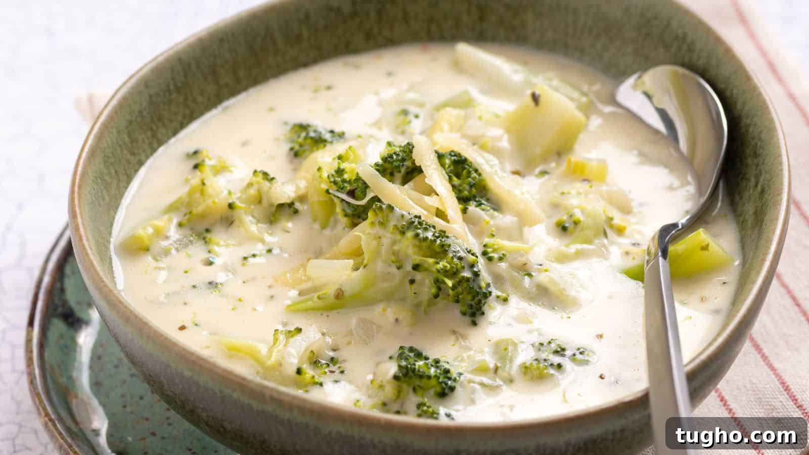 A bowl of creamy broccoli cheese soup beside fresh broccoli and shredded cheese, with a slow cooker in the background.