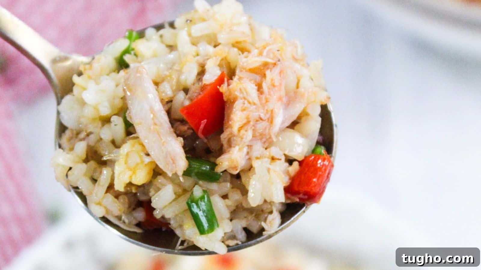 A bowl of fried rice with vegetables and crab meat.