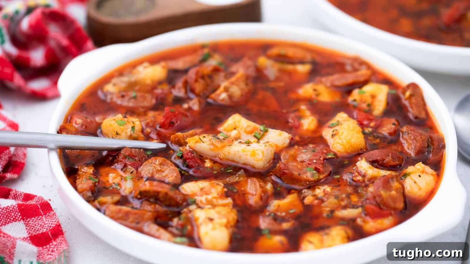 A bowl of soup with sausage and fish.