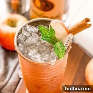 Apple Cider Mule Recipe: Fall Moscow Mule Cocktail 2 An iced drink in a copper cup, garnished with apple, mint leaves, and a cinnamon stick
