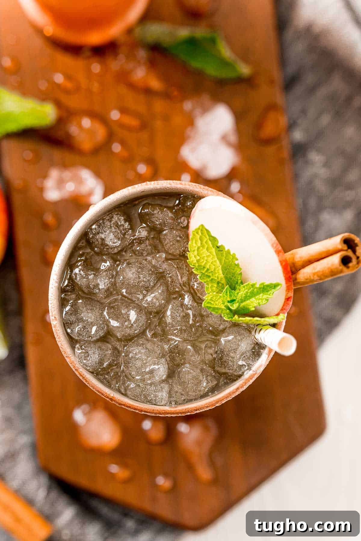 This apple cider Moscow mule puts a fall spin on a classic cocktail! Served in a copper mug, garnished with a cinnamon stick and apple slice. Overhead view of an apple cider mule served in a copper cup.