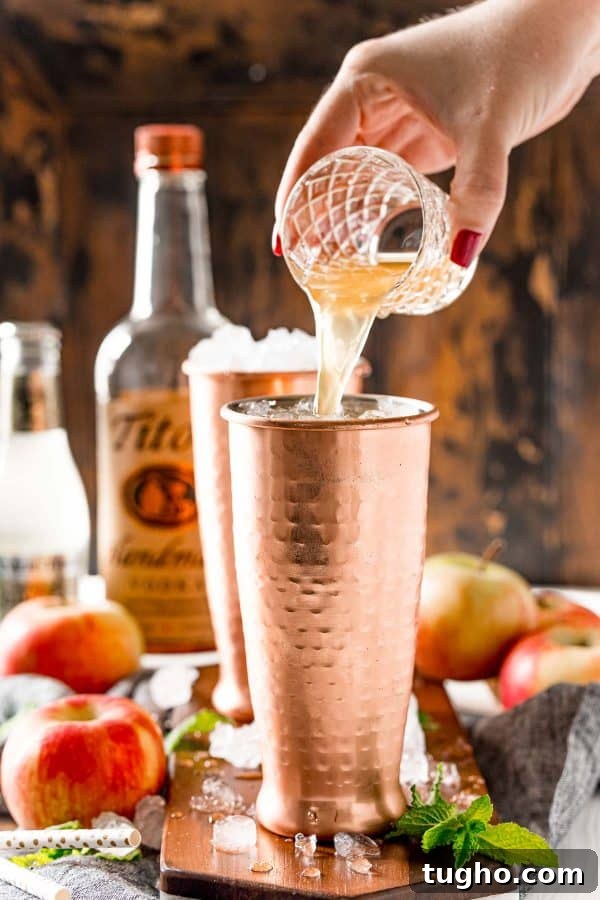 This apple cider Moscow mule puts a fall spin on a classic cocktail! Served in a copper mug, garnished with a cinnamon stick and apple slice. Apple Cider being poured into a copper cup.