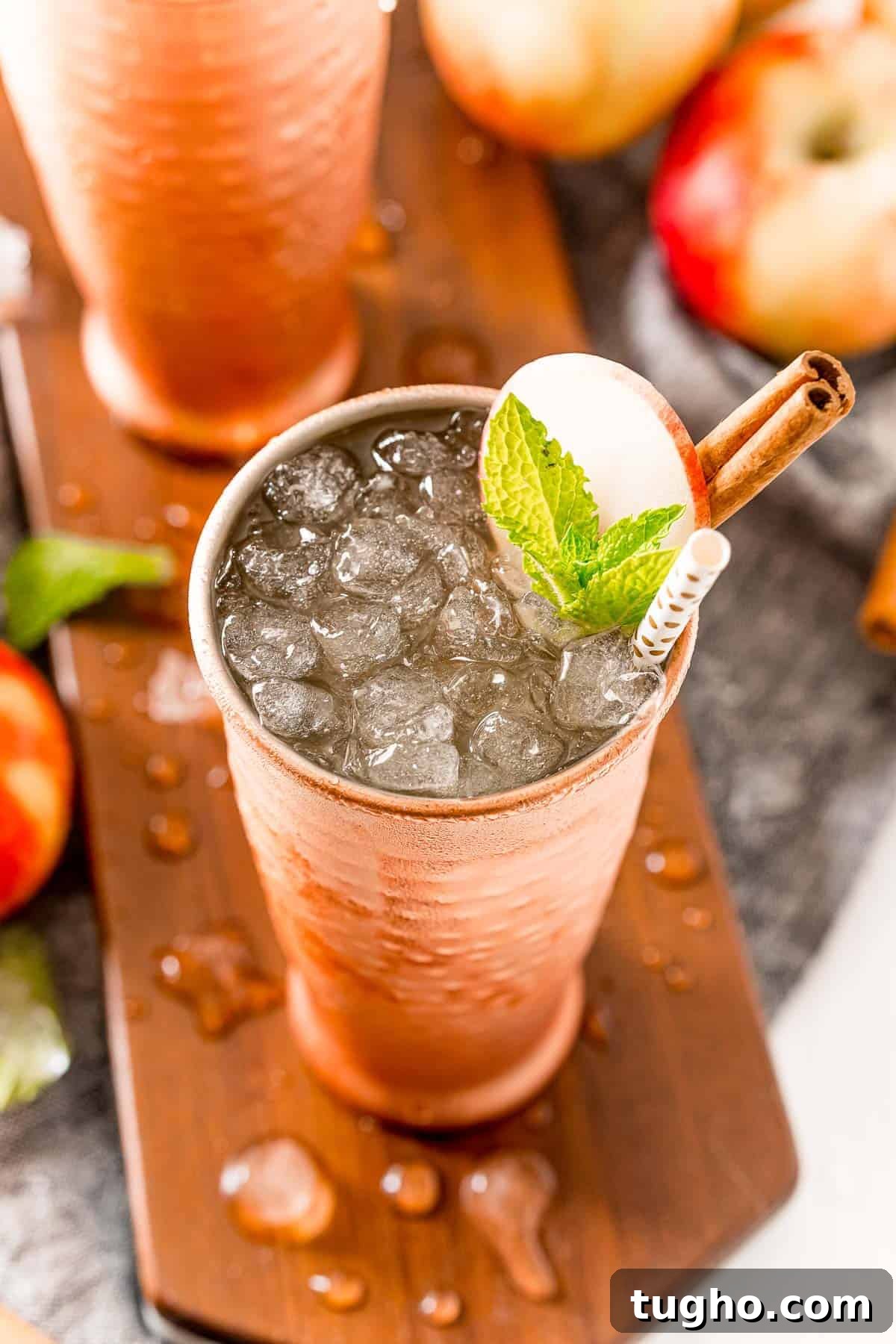 This apple cider Moscow mule puts a fall spin on a classic cocktail! Served in a copper mug, garnished with a cinnamon stick and apple slice. Apple cider moscow mule with nugget ice, garnished with apple, mint leaves, and a cinnamon stick.