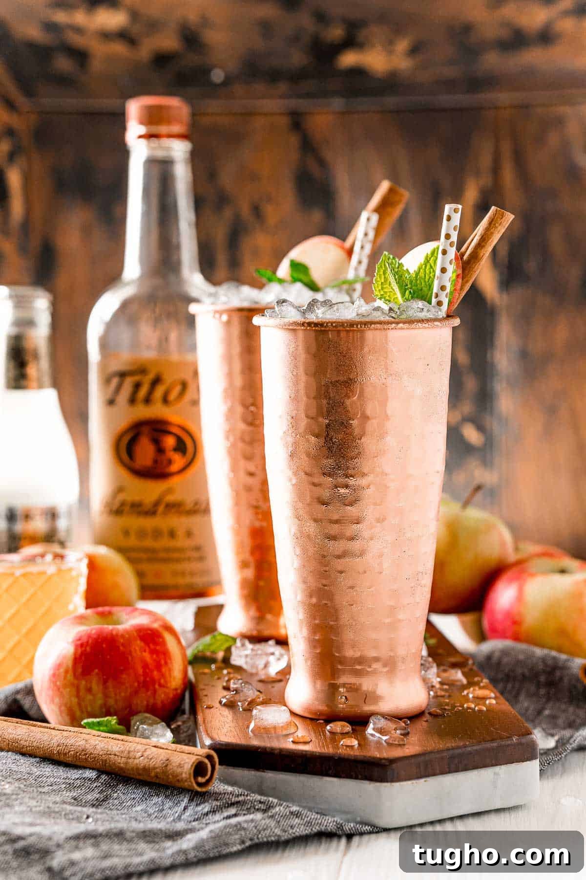 This apple cider Moscow mule puts a fall spin on a classic cocktail! Served in a copper mug, garnished with a cinnamon stick and apple slice. Two tall copper glasses garnished with mint, apple, and cinnamon sticks. Vodka and ginger beer in background.