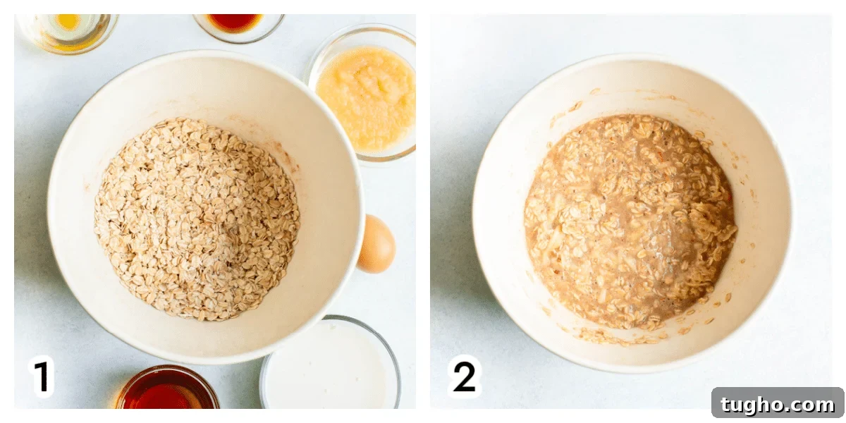 Homemade Applesauce Oatmeal Bars Recipe 4 Mixing bowl with oats and spices.