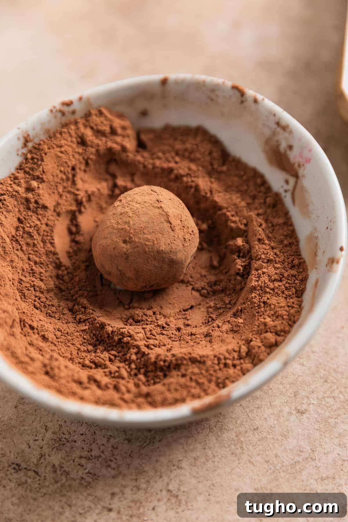 Amaretto truffle in bowl with cocoa powder.