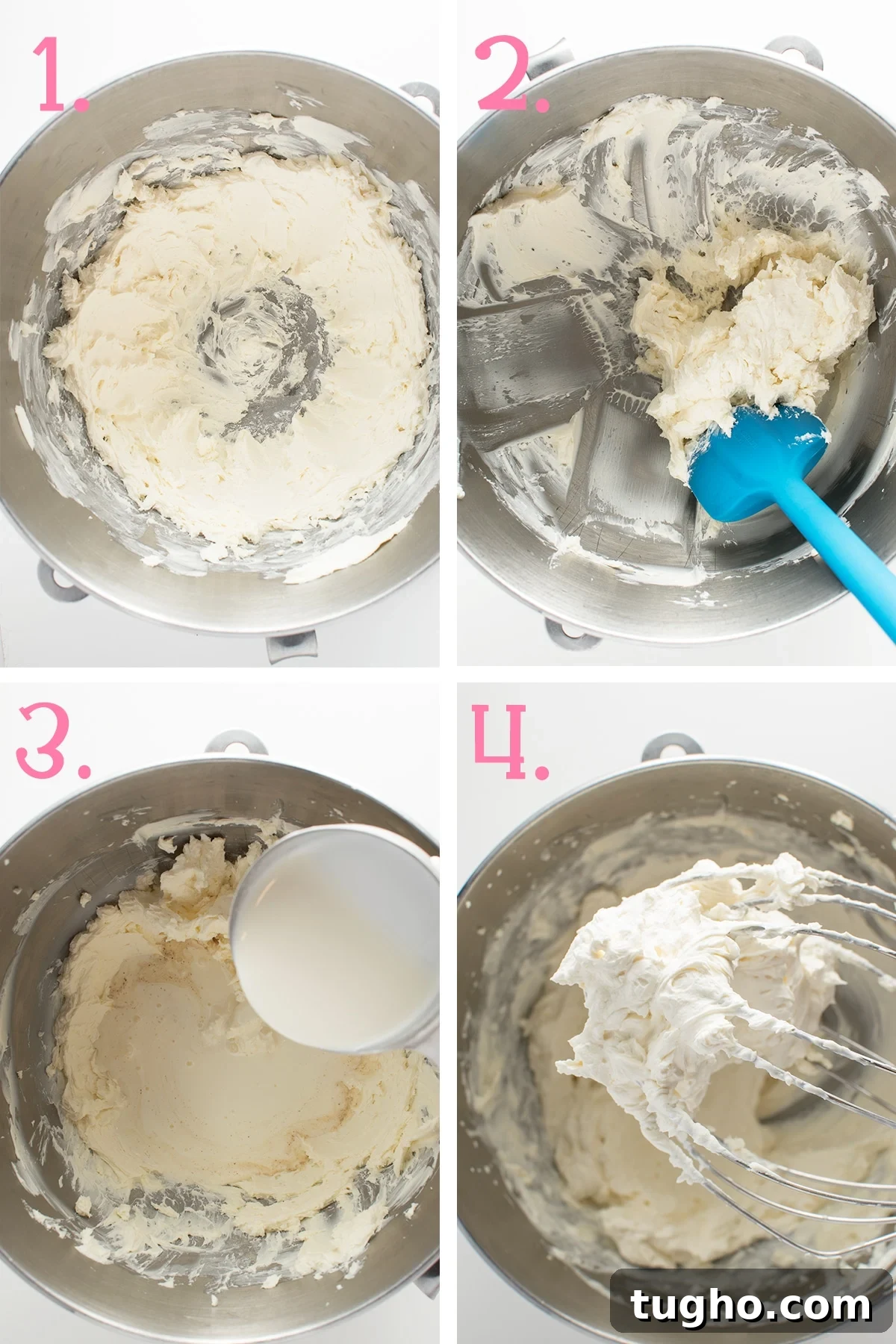 Low-Carb Strawberry Lemon Blondies, Keto and Gluten-Free 4 A four panel photograph showing the stages of making low carb frosting