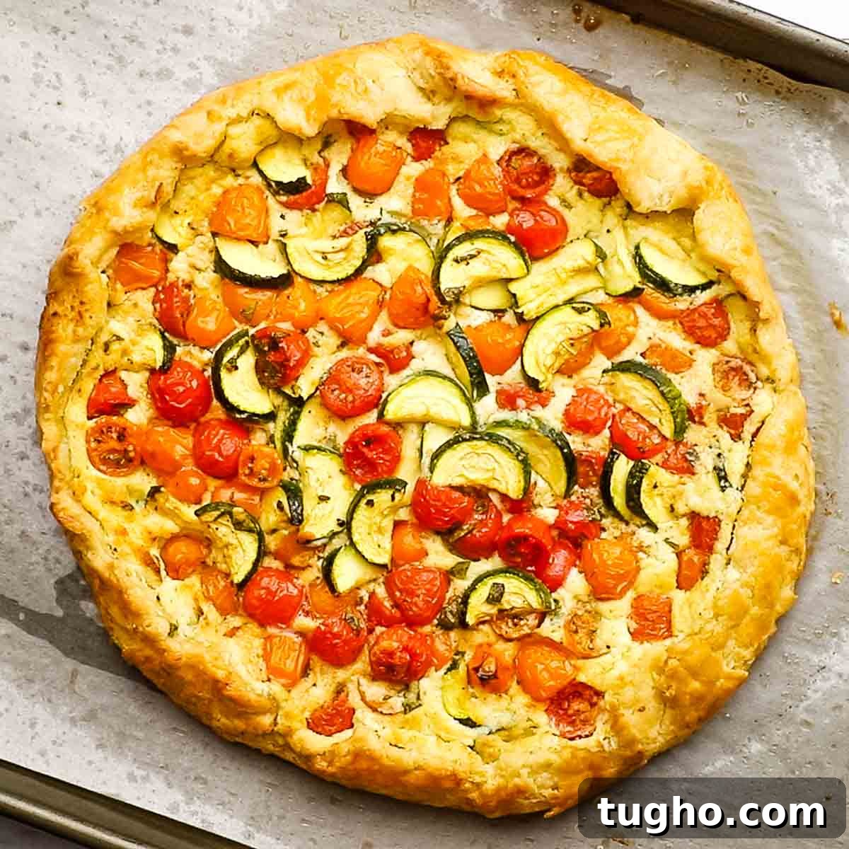 baked zucchini tomato tart on a baking sheet