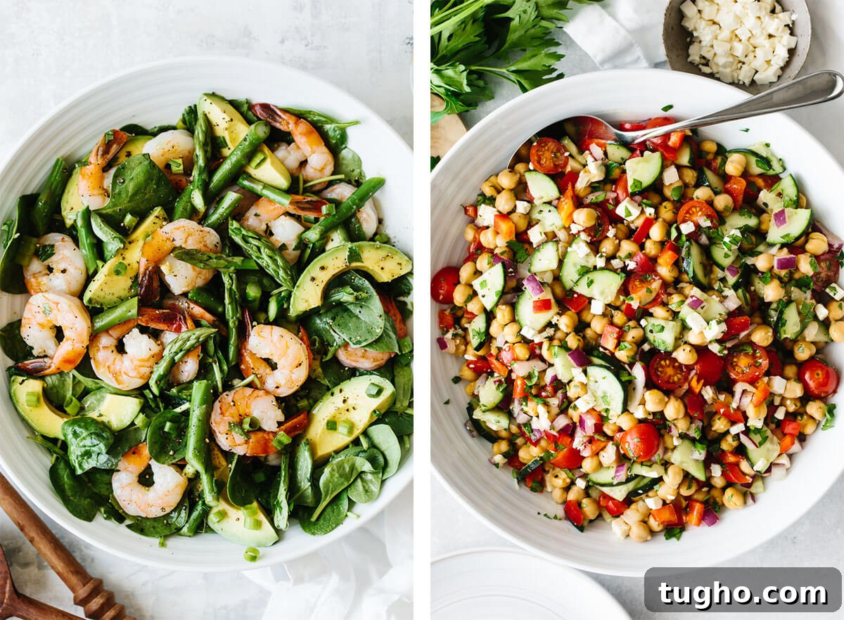 Easy and healthy salad recipes that make the best of fresh seasonal produce and filled with bright flavors and delicious textures! Healthy salad recipes with chickpea salad and shrimp salad