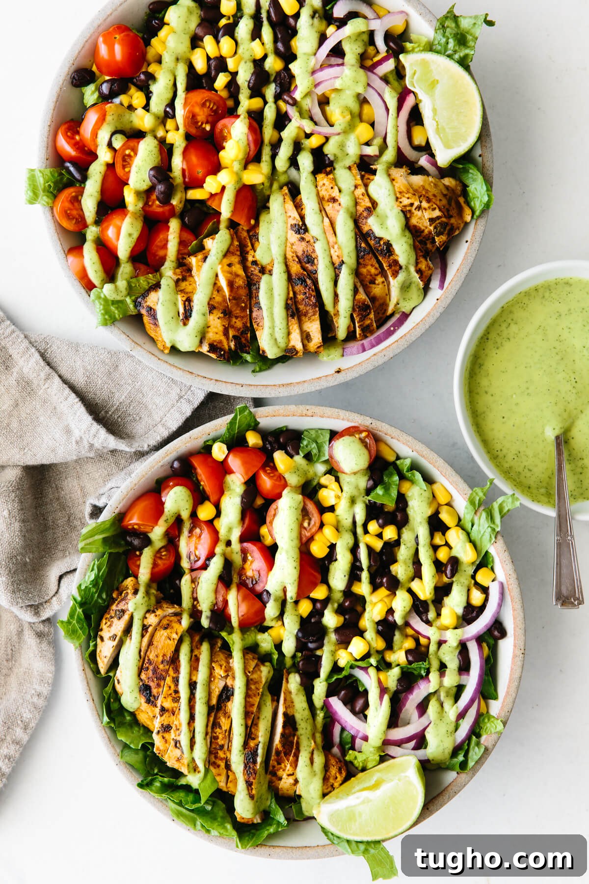 40+ Fresh and Flavorful Salad Recipes 4 Two southwest chicken salads drizzled with avocado dressing.