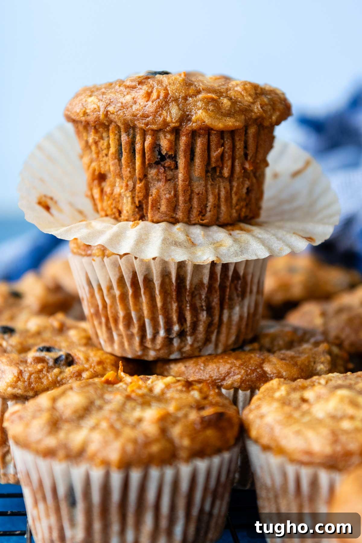 Gluten-Free Morning Glory Muffins: Moist One-Bowl Recipe 7 a stack of two carrot muffins with the paper taken off.