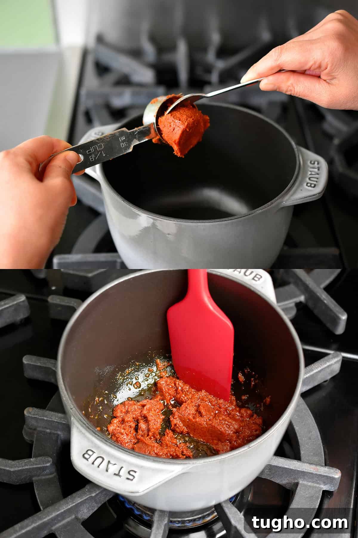 Adding some Thai red curry paste to a small gray saucepan to make homemade Thai red curry sauce.