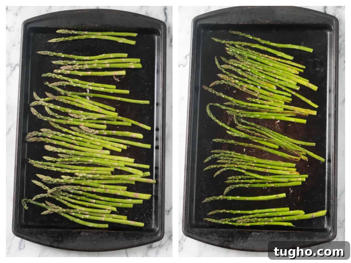 Two photo collage of raw and roasted asparagus on a rimmed baking sheet.