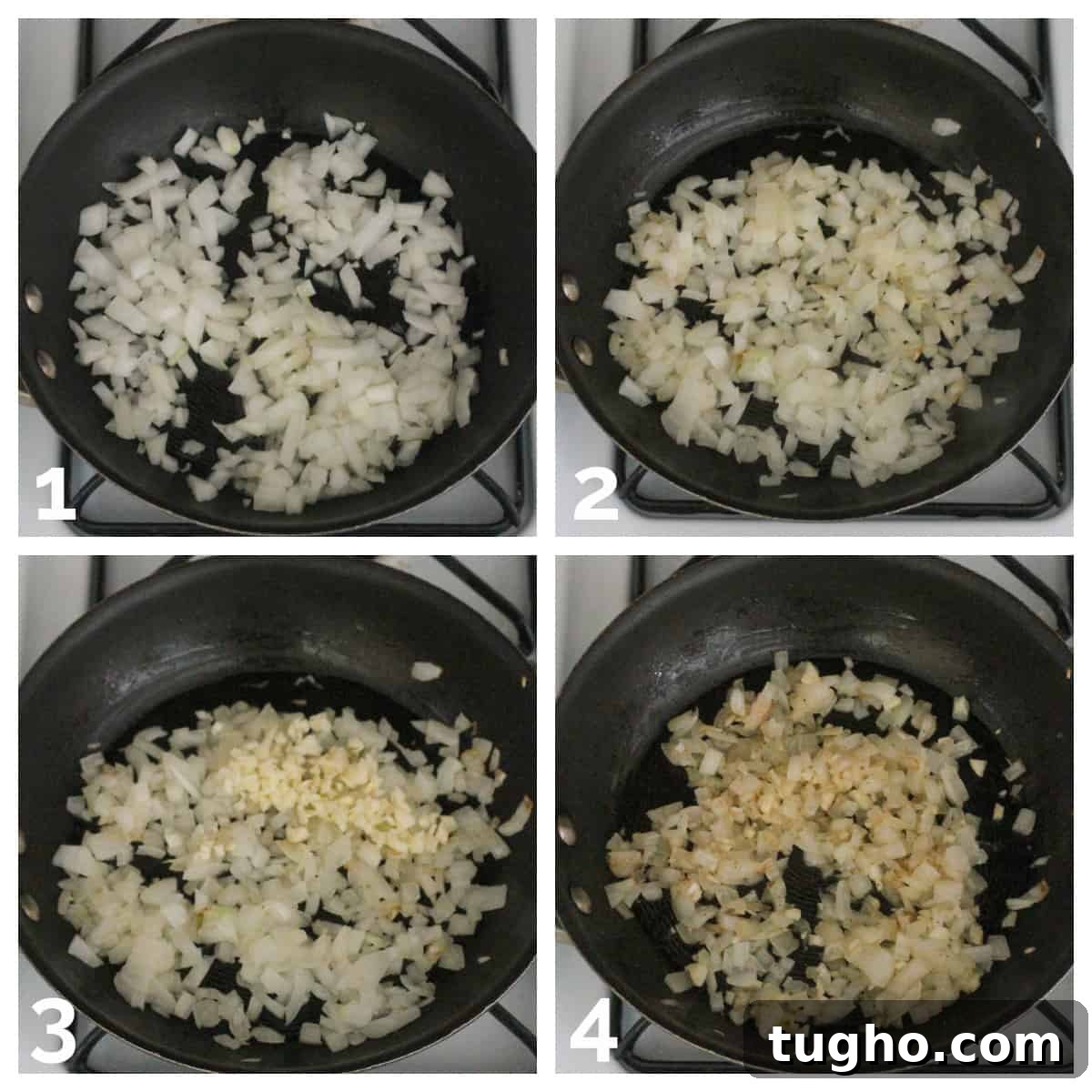 Four photo collage of sautéing onions and garlic until soft and translucent.