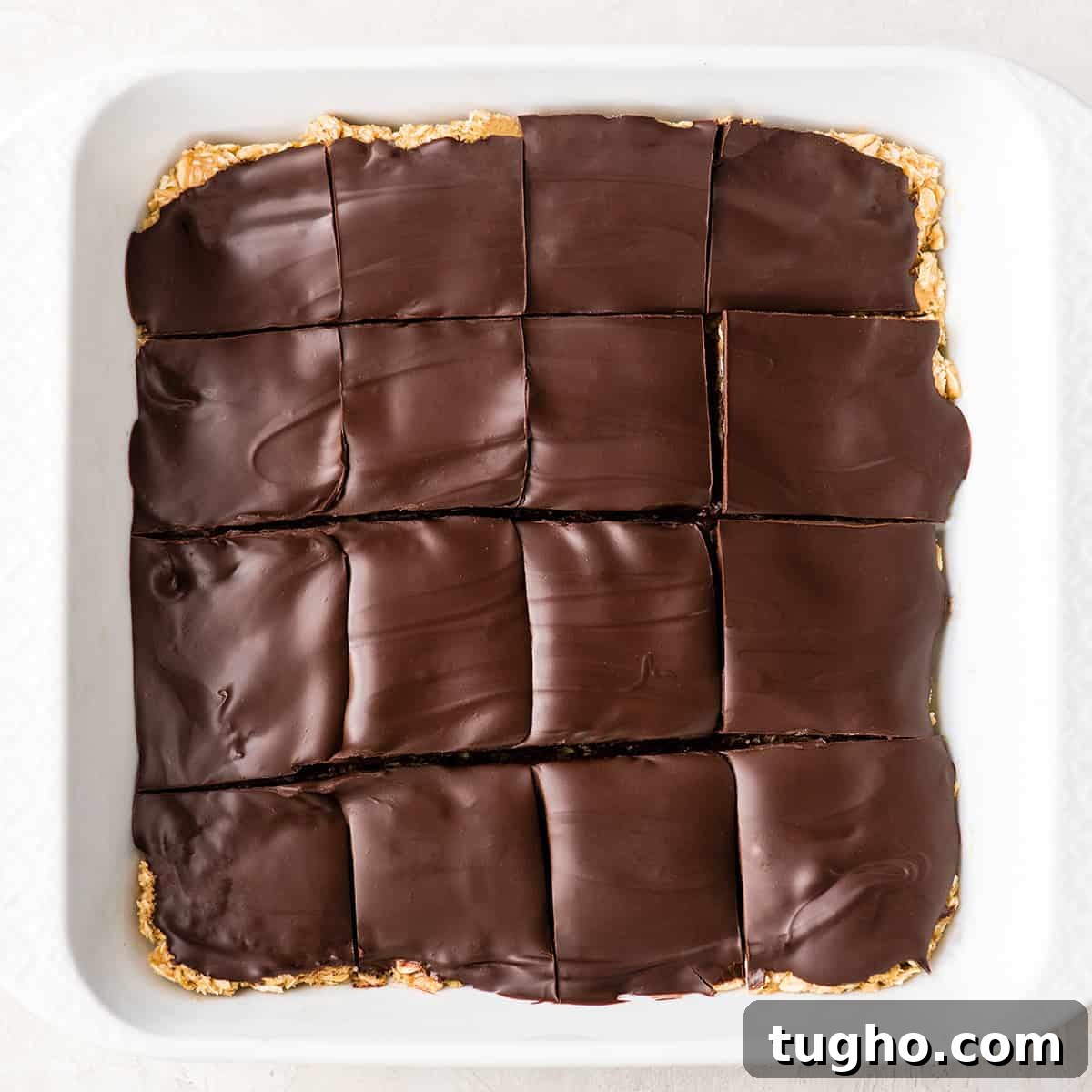 Chewy No-Bake Oatmeal Bars Recipe 11 No Bake Oatmeal Bars in a baking dish cut into 16 squares