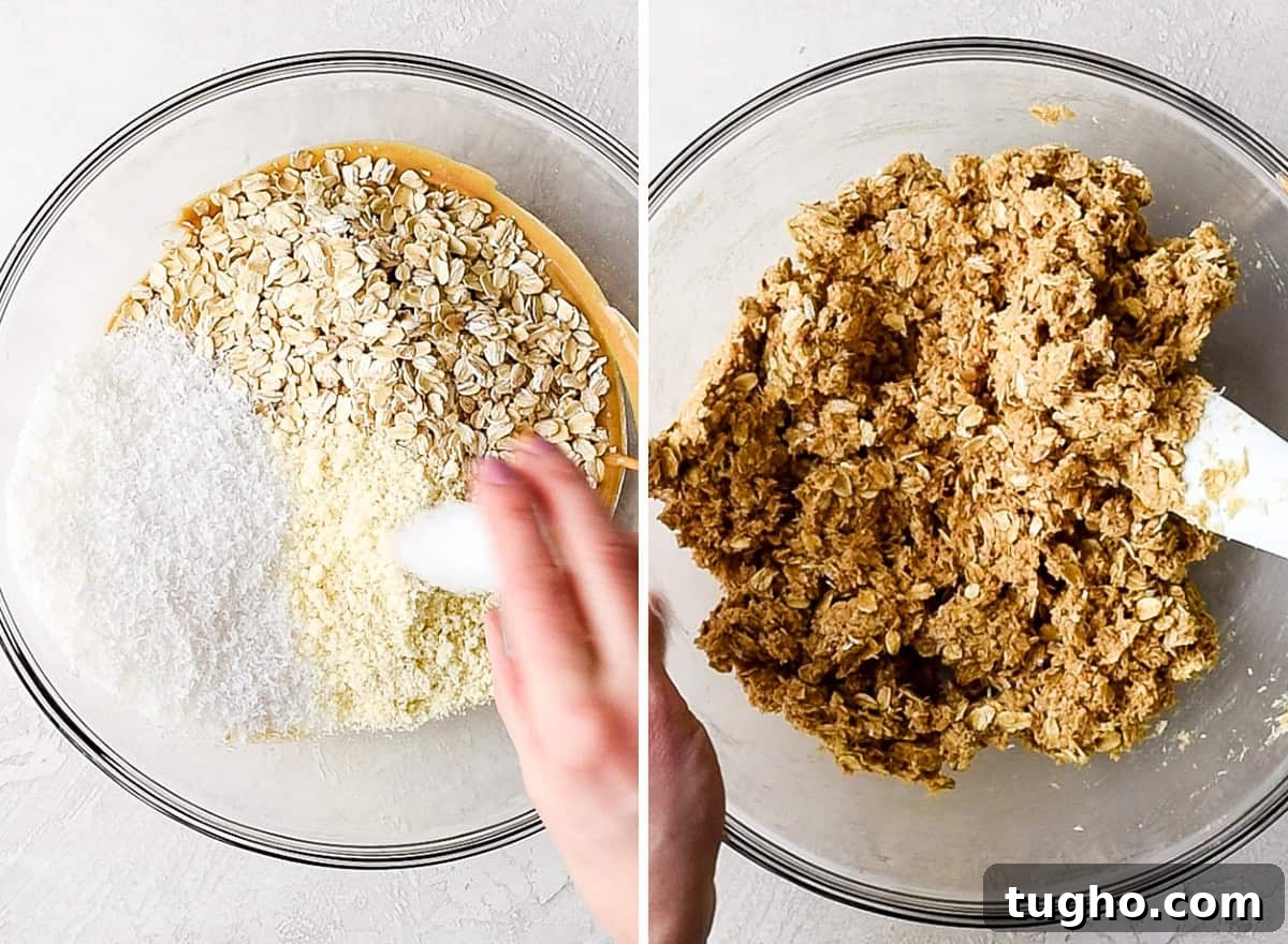 Chewy No-Bake Oatmeal Bars Recipe 7 two photos showing how to make No Bake Oatmeal Bars - stirring in dry ingredients
