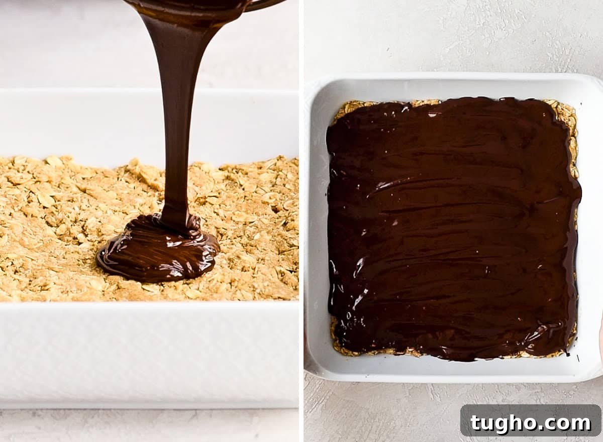 Chewy No-Bake Oatmeal Bars Recipe 10 two photos showing pouring and spreading the chocolate topping over No Bake Oatmeal Bars