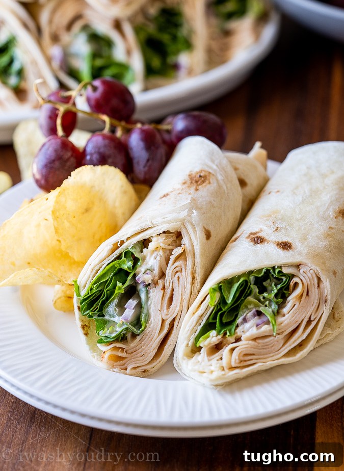 chicken wraps on plate with chips and grapes