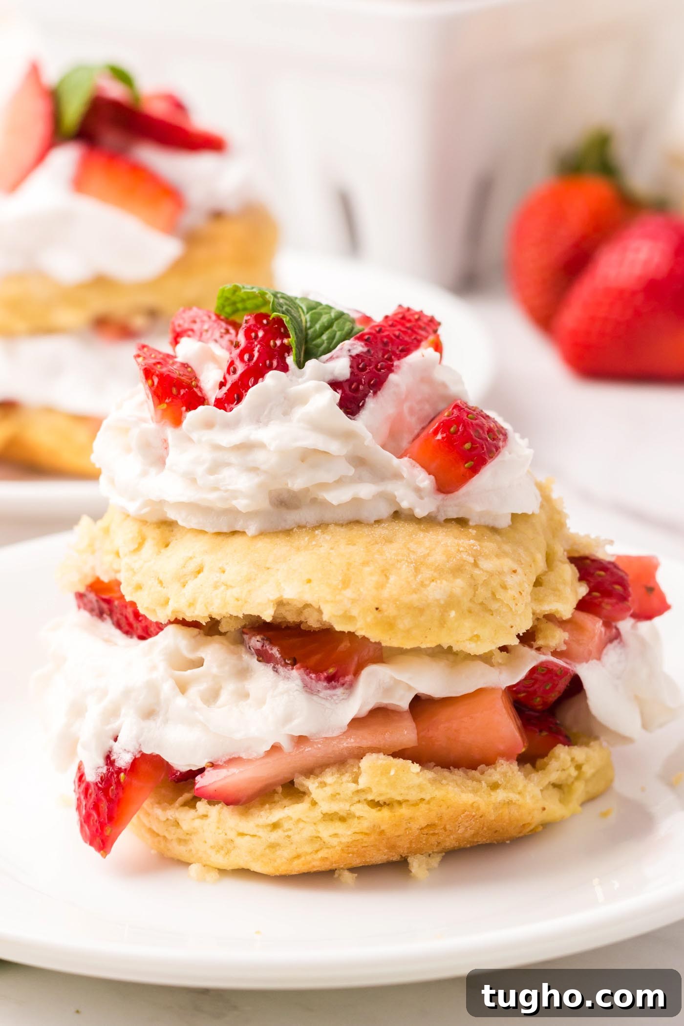 Classic Vegan Strawberry Shortcake Recipe 2 A pretty strawberry shortcake with a homemade biscuit filling and topped with whipped cream and sliced strawberries.