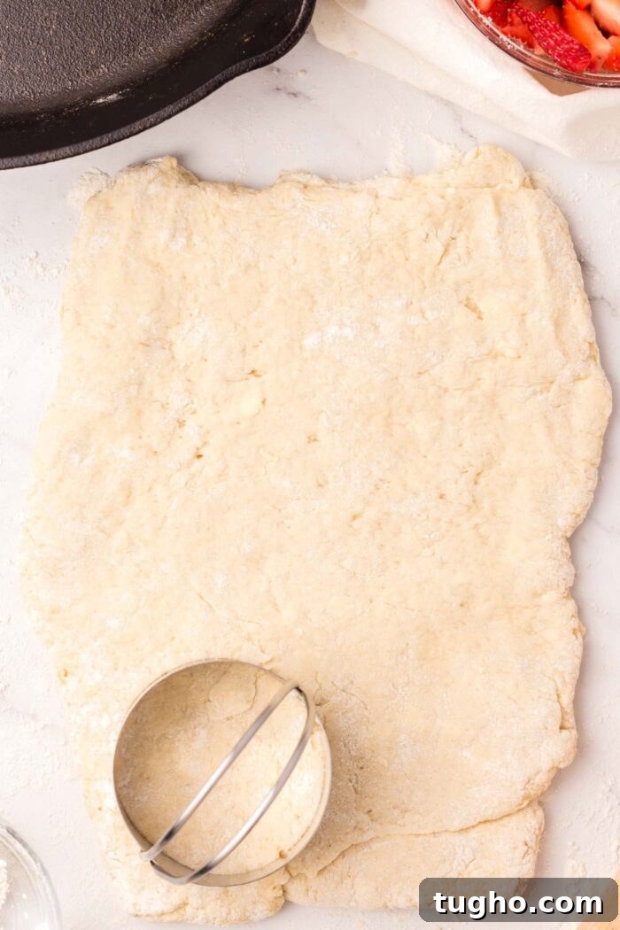 Classic Vegan Strawberry Shortcake Recipe 11 A biscuit cutting sitting on a rectangle of biscuit dough.