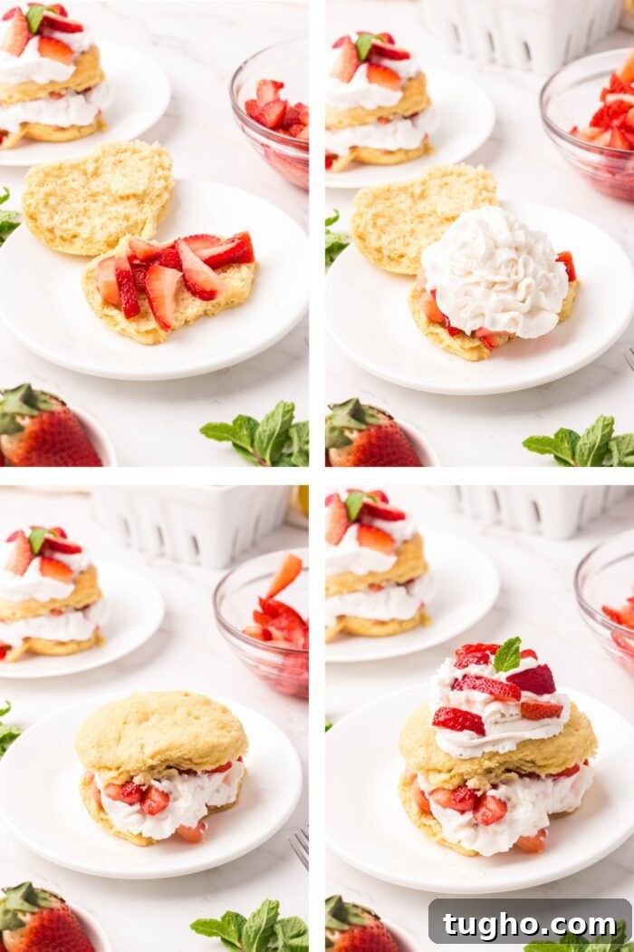 Classic Vegan Strawberry Shortcake Recipe 14 Collage of 4 images showing how to assemble a strawberry shortcake with a biscuit, whipped cream and strawberries.