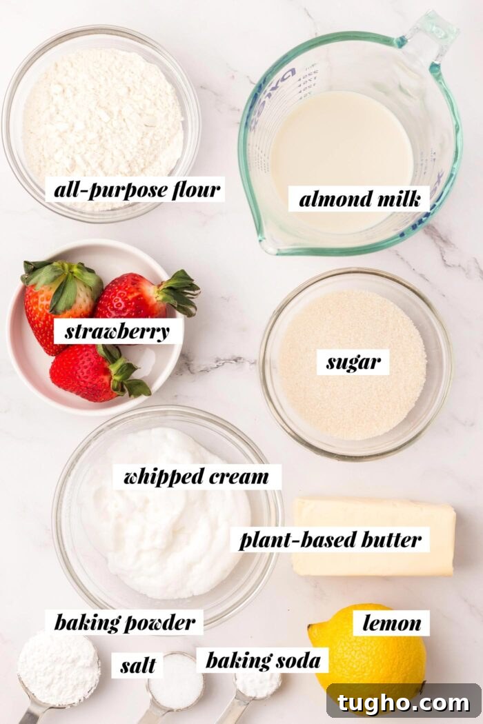 Classic Vegan Strawberry Shortcake Recipe 3 All of the ingredients needed for making a vegan strawberry shortcake recipe with biscuits and whipped cream. Each ingredient is labelled with text.