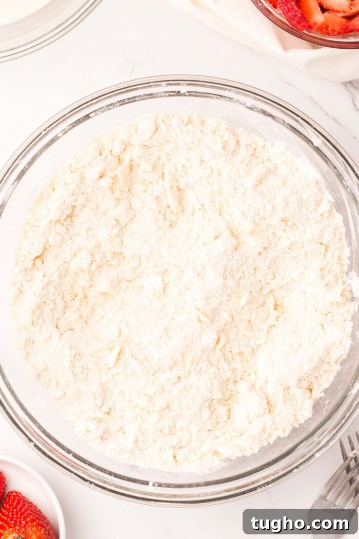 Classic Vegan Strawberry Shortcake Recipe 8 A bowl of flour with cold butter mixed into it making it a crumbly.