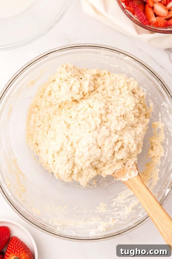 Classic Vegan Strawberry Shortcake Recipe 9 A thick biscuit batter in a glass mixing bowl with a wooden spoon.
