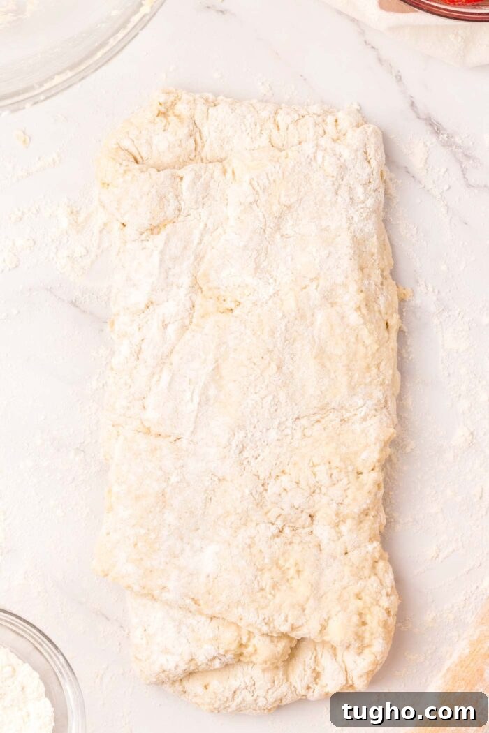 Classic Vegan Strawberry Shortcake Recipe 10 A rectangle of biscuit dough on a floured marble surface.